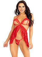 Sexy babydoll, open cups, floral lace, ruffle trim